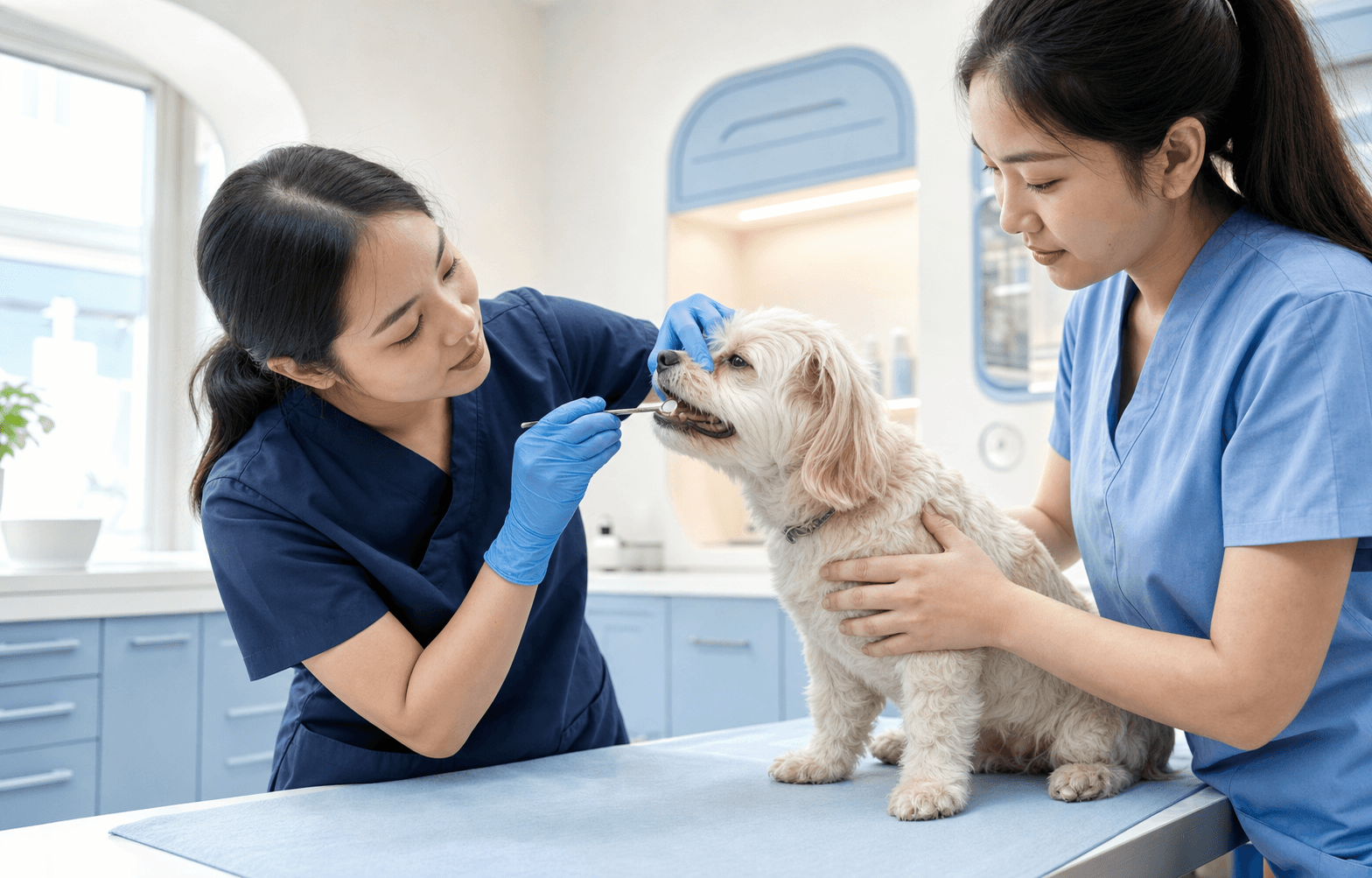 Bác sĩ kiểm tra sức khỏe răng miệng cho thú cưng