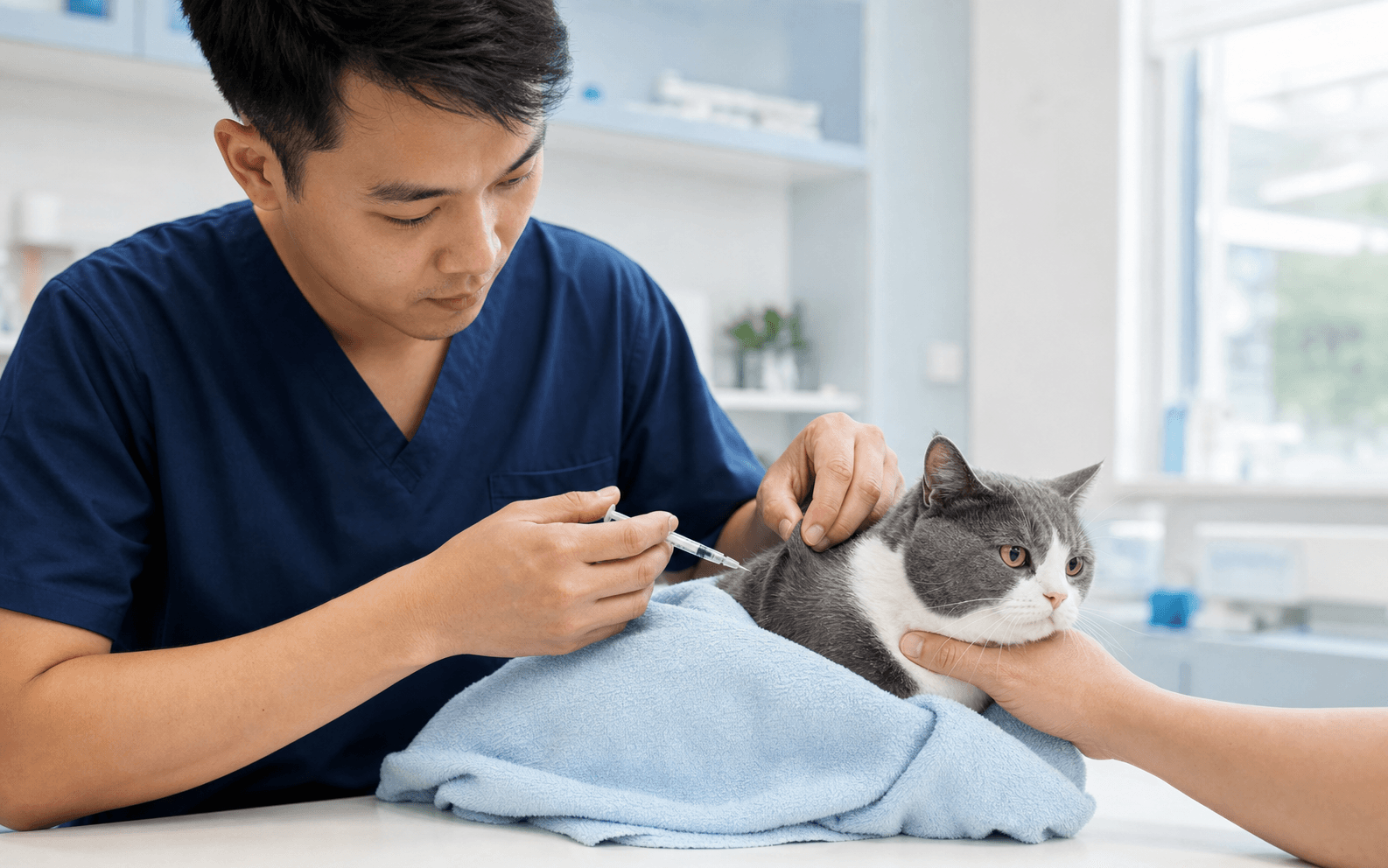 Bác sĩ thú y tiêm phòng nhẹ nhàng cho một chú mèo